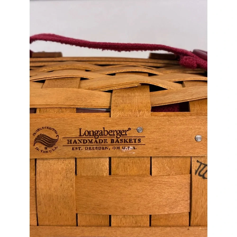 Longaberger Woven Wood Basket Burgundy Liner Wood Lid Divided Protector Set